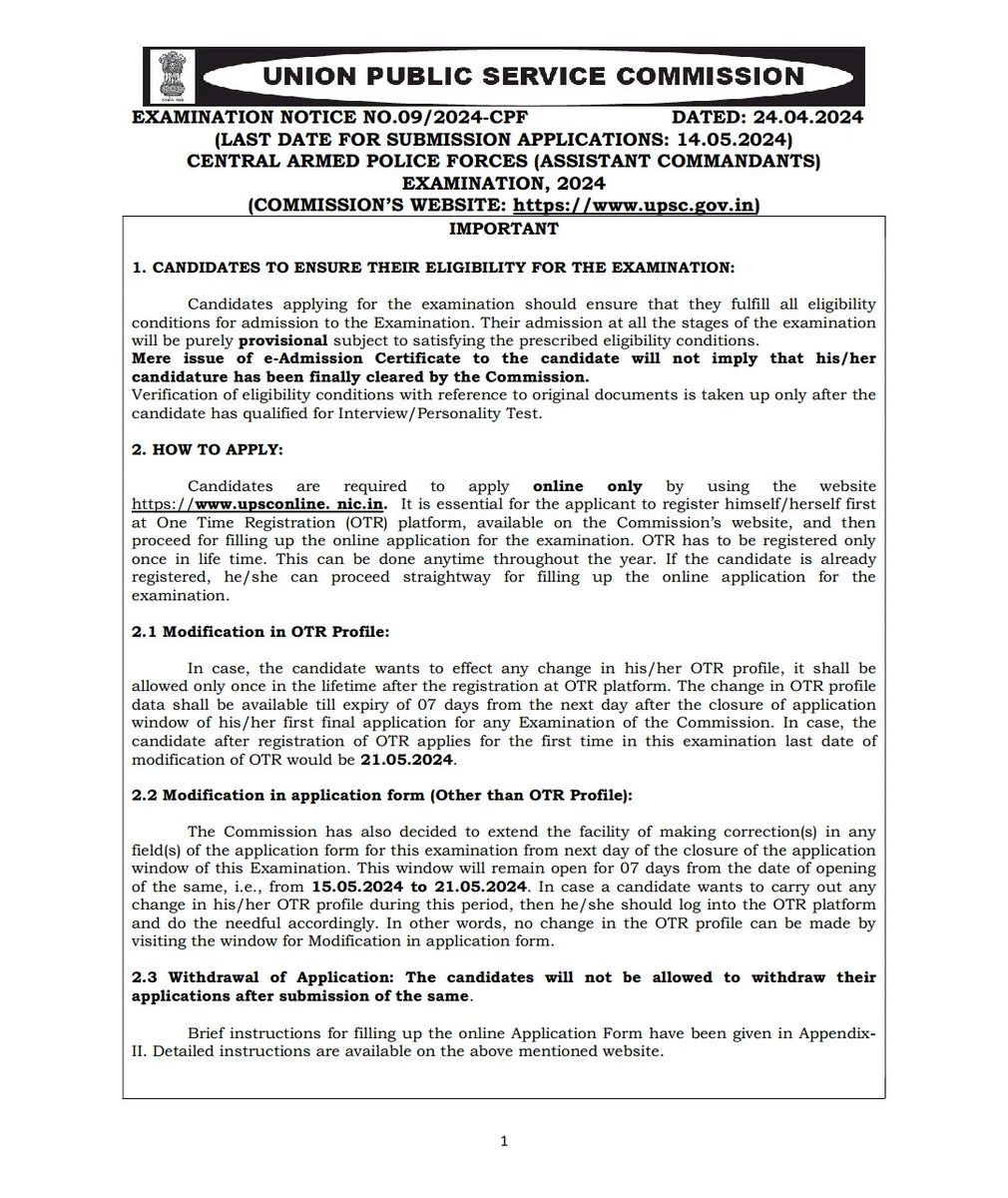 CAPF AC notification out 🔥🔥506 vacancies (i) BSF 186 (ii) CRPF 120 (iii) CISF 100 (iv) ITBP 58 (iv) SSB 42 Last date to apply- 14May