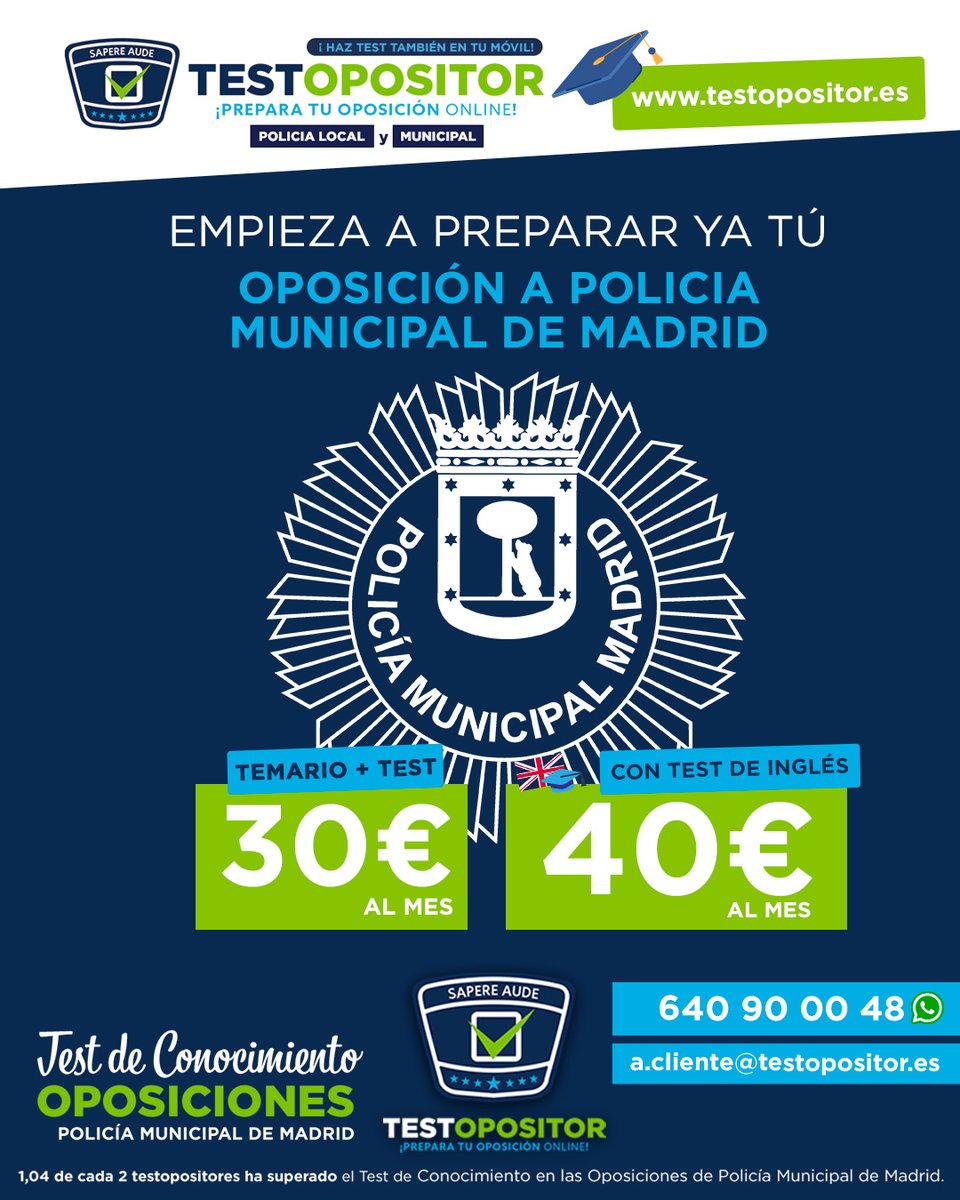 Testopositor1's tweet photo. 🚨Empieza a preparar ya tu oposicion a Policia Municipal de Madrid🚨
👉 En TESTOPOSITOR  tienes todo el TEMARIO + TEST por sólo 30 € / mes
👉 Y además del TEMARIO + TEST quieres acceso a los TEST DE INGLÉS por sólo 40 € al mes.
https://t.co/2y7AXA2rwJ https://t.co/6XHhJXAhkC
