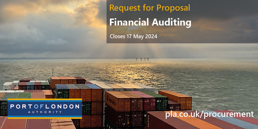 #BusinessOpportunity

We're seeking responses to our Request for Proposal: Financial Auditing

Full details ➡️ hubs.la/Q02tV1M50

Closes 17/5/2024

#PortOfLondon #London #Kent #Essex #RiverThames #ThamesEstuary #Finance #Accounting #BusinessDevelopment
