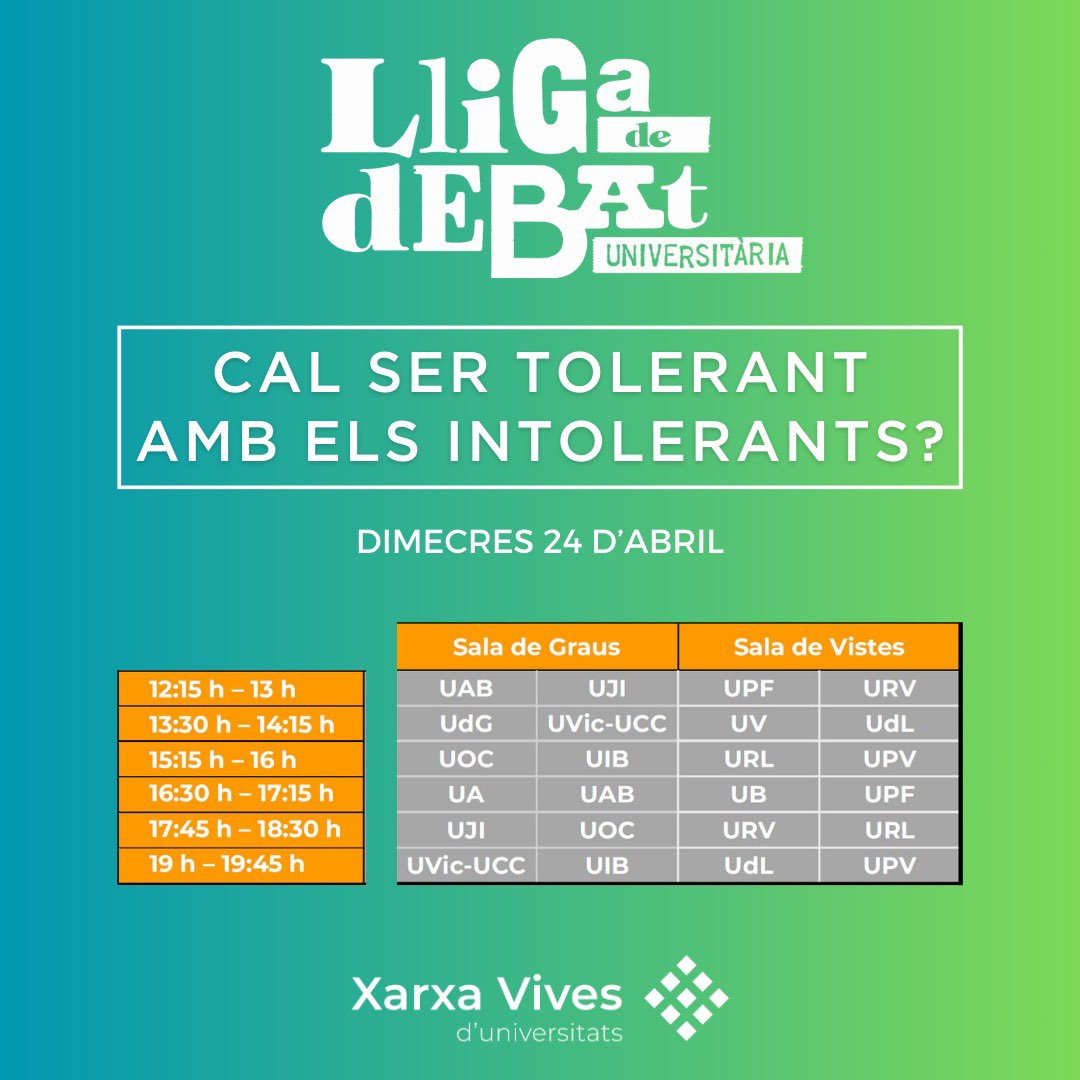 🙋En aquest fil podreu seguiu el desenvolupament de la 1a jornada de la #LligaDeDebat Universitària 2024!   🗣 Cal ser tolerant amb els intolerants?   📈 Classificació: www3.vives.org/lligadedebat/e…   ▶ En directe: youtube.com/@xarxavives/st…