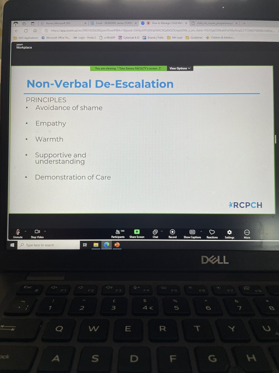 Currently having mind blown on @RCPCHtweets HtM: Child Mental Health Course. Non verbal deescalation. Super complicated stuff: Compassion Empathy Warmth Non judgement Avoiding shame