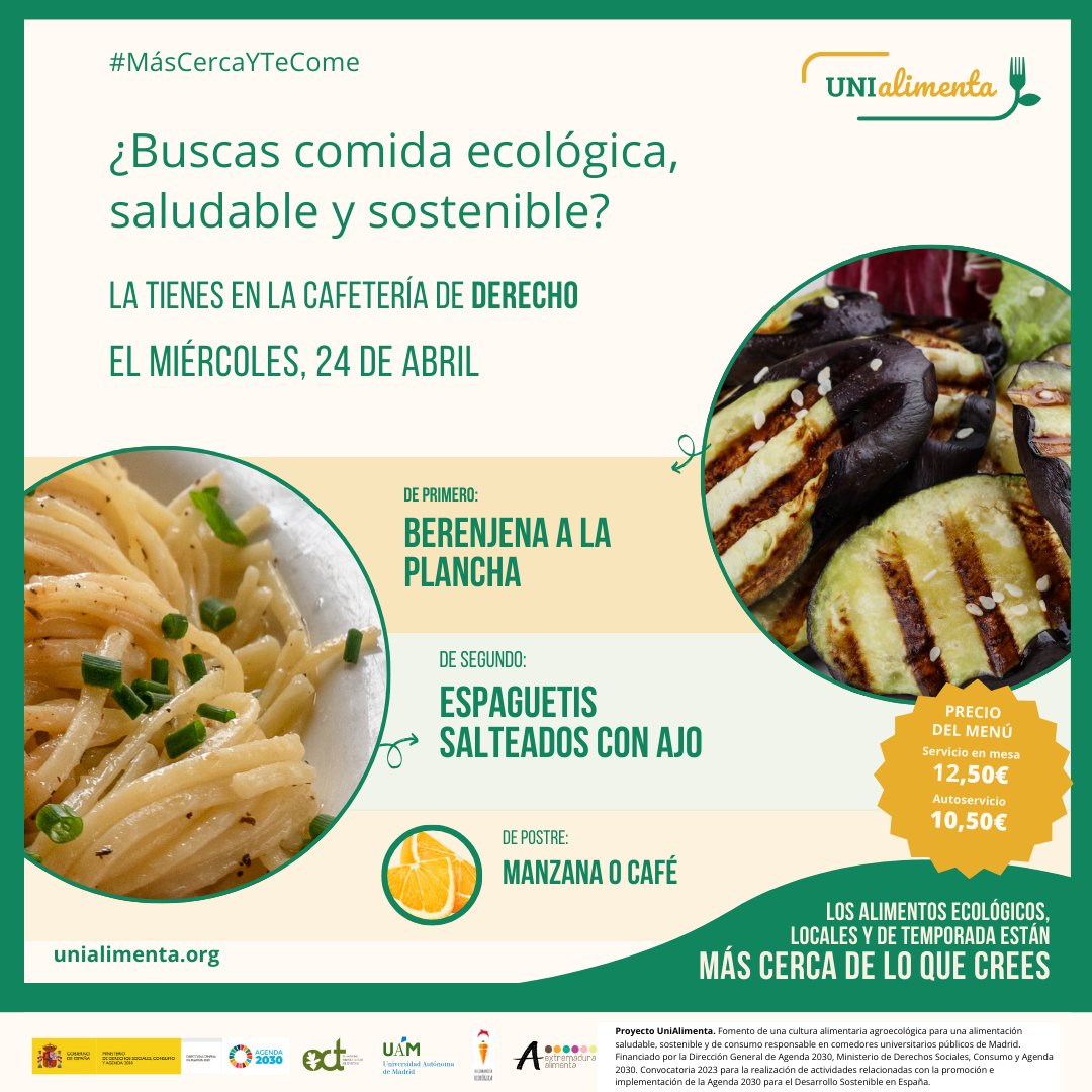 🍅 En <a href="/UAM_Madrid/">UAM Autónoma Madrid</a> , disfruta de alimentos frescos de la biorregión de Madrid y <a href="/LaGarbancitaEco/">La Garbancita Ecológica</a>  con los menús ecológicos de #UniAlimenta. 

¡Apoya la producción local y la sostenibilidad!

#MásCercayTeCome 

➡️ unialimenta.org