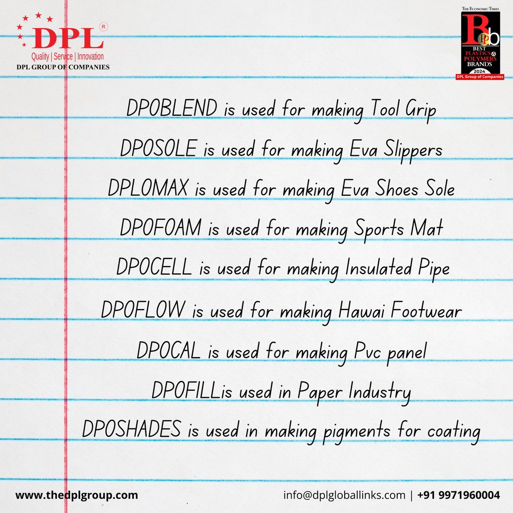 From manufacturing tool grips to pvc panel, DPL Group’s speciality compounds are the go-to solution for a wide range of applications 🧰
.
.
.
.
.
#DPL #DPLGroup #DPLGroupOfCompanies #ChemicalIndustry #Manufacturer #Distributor