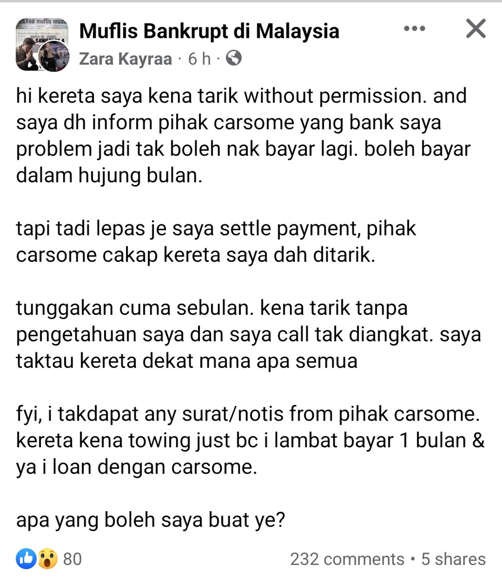 @zarashairaa @CarsomeMy Kes ni ke? Baru tau @CarsomeMy ada buat loan kete? Kalau baru sebulan lebih dah kena tarik ni memang red flat gila. Kejam!!! Wajib elakkan berurusan dengan carsome. Undang² serupa ahlong. Tak terpakai undang² Malaysia. @KPDN_HQ