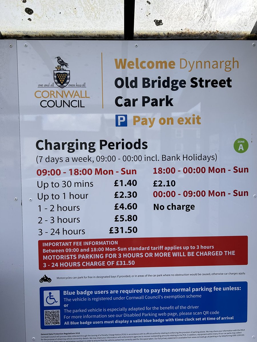 Wow! @CornwallCouncil how on earth do you justify this? Park up to 3hrs £5.80. But go just over 3hrs and it will be £31.50. How on earth is this supposed to help town centres thrive? @BBCCornwall @BBCSpotlight @guardian @theipaper #shoplocal #highstreets