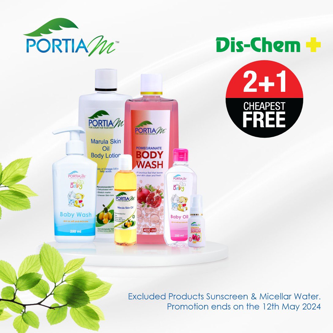 Month End deals at @Dischem 👏✨💃

Buy ANY 2 Portia M Products , including Portia M Baby and get the CHEAPEST ONE FREE ✨🍃

🔌 Deal Excludes the Micellar Water and Sunscreen. 

🛍🛒 Offer valid instore and online, ends 12 May 2024

#portiamskincare 
#sharetheglow