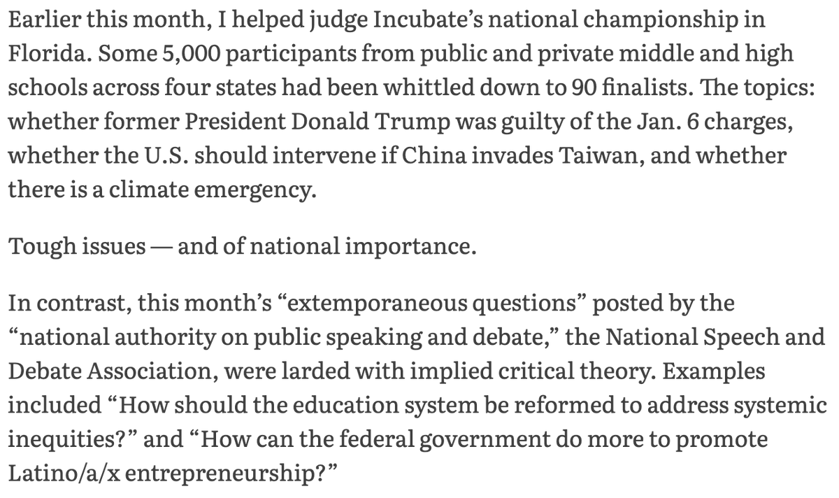 If you had to compare @IncubateDebate to the woke 'National Speech & Debate Association' in one paragraph... Full @WashTimes article below.