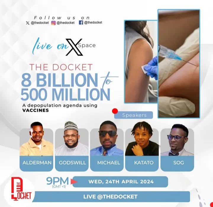 AldermanjoeKing's tweet photo. *IT'S TODAY‼️‼️* 🚨🚨

At The Docket's Live, we'll be presenting research-based information on Vaccination. 
🔥

🕓 *9𝒑𝒎* (𝑮����𝑻+1)
📅 : ``` Wednesday``` ```24𝒕𝒉 ```𝑨𝒑𝒓 2024 

*Participation link:*
https://t.co/kYxisCIA3Q

*KINDLY FOLLOW THE DOCKET ON TWITTER* https://t.co/H5Nc2V4S8W