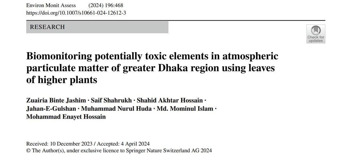 A new paper from our research group has been published in the journal 'Environmental Monitoring and Assessment' (Impact Factor: 3.0). #AirPollution #Dhaka #Bangladesh link.springer.com/article/10.100…