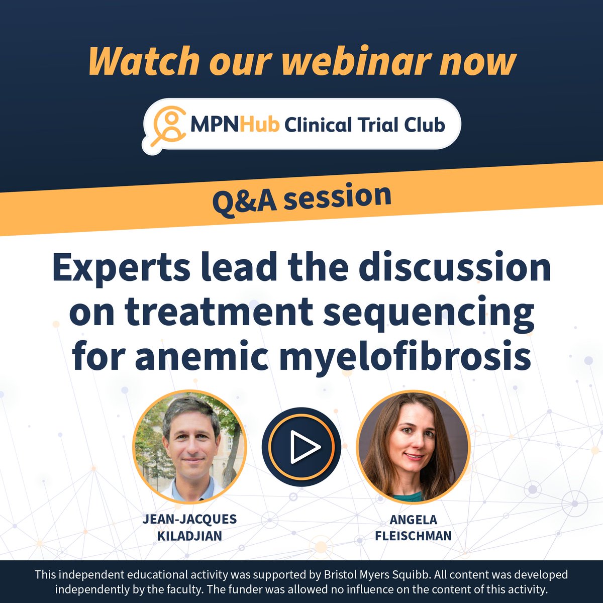 Our recent #ClinicalTrialClub ended with a dynamic Q&A session, where Angela Fleischman and @jjkiladjian answered questions from the audience on treatment sequencing for anemic #myelofibrosis. Watch here 👉 loom.ly/uB2RgWM #MPN #MPNsm #CancerAwareness @MPNlab