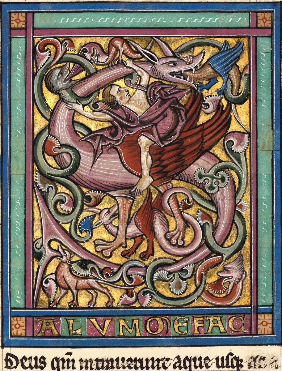 Impressive full page Initial (S) from a 13th c. Psalter showing a man riding a griffin (Beginning of Ps 68: Salvum me fac Deus...) @GettyMuseum Ms. Ludwig VIII 2, f. 77r Würzburg (Germany), 1240/50