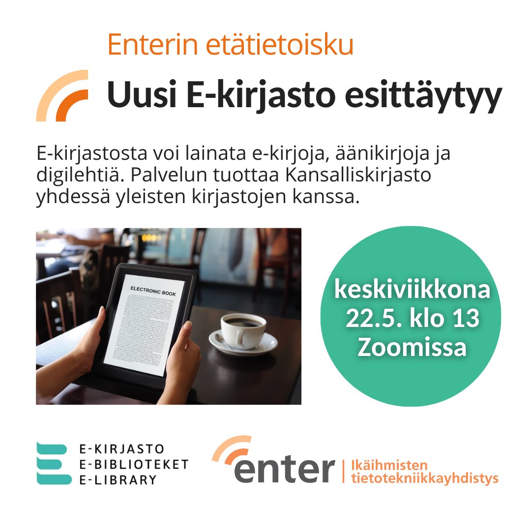 eKirjasto tulee! 📚 @NatLibFi ja yleiset kirjastot yhteistyössä avaavat 29.4. palvelun, jossa voi lukea ja kuunnella e-kirjoja, äänikirjoja ja digilehtiä. 😍 📅 Tule ke 22.5. klo 13 etätietoiskuun kuulemaan ohjeita palvelun käyttämisestä. Ilmoittaudu: entersenior.fi/tapahtumat