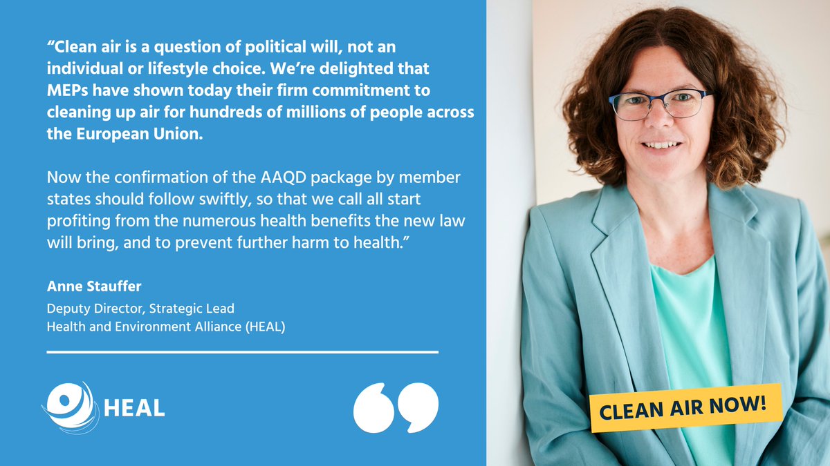 BIG NEWS! 👏 The European Parliament has voted in favour of the trilogue deal on the Ambient #AirQuality Directive (#AAQD) revision.

The EU is now getting closer to finally tackling the public health emergency from polluted air.

👉 Health groups react: ow.ly/XusG50Rn038