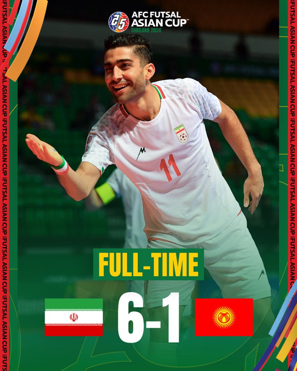 FT | 🇮🇷 IR Iran 6️⃣-1️⃣ Kyrgyz Republic 🇰🇬

The record winners cruise to yet another Semi-Final appearance! 

#ACFutsal2024 | #IRNvKGZ