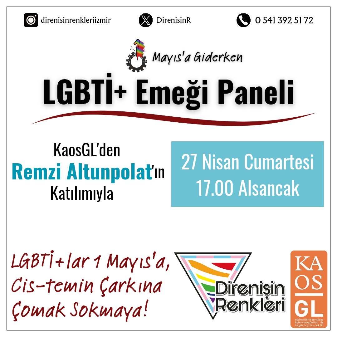 📍 İzmir 1 Mayıs'a Giderken LGBTİ+ Emeği Paneli'nde Buluşuyoruz!🥳🌈 Remzi Altunpolat'ın katılımıyla; LGBTİ+ların sömürülen emeğini, çalışma hayatında uğradığı ayrımcılığı ve 1 Mayıs'ın bizim için önemini konuşacağımız panelimize bütün lubunyaları bekliyoruz.🙈🏳️‍🌈🏳️‍⚧️