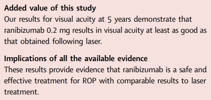 Ranibizumab versus laser therapy for treatment of very low birthweight infants with retinopathy of prematurity: 5-year outcomes of an RCT Confirmed the original trial findings, including reduced frequency of high myopia following ranibizumab treatment thelancet.com/journals/eclin…