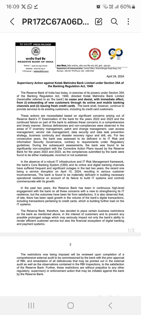 The latest regulatory action is against Kotak Mahindra Bank.. Bank found deficient in IT and infosec solutions. 1. No new credit cards 2. No new customer onboarding through digital and mobile channels