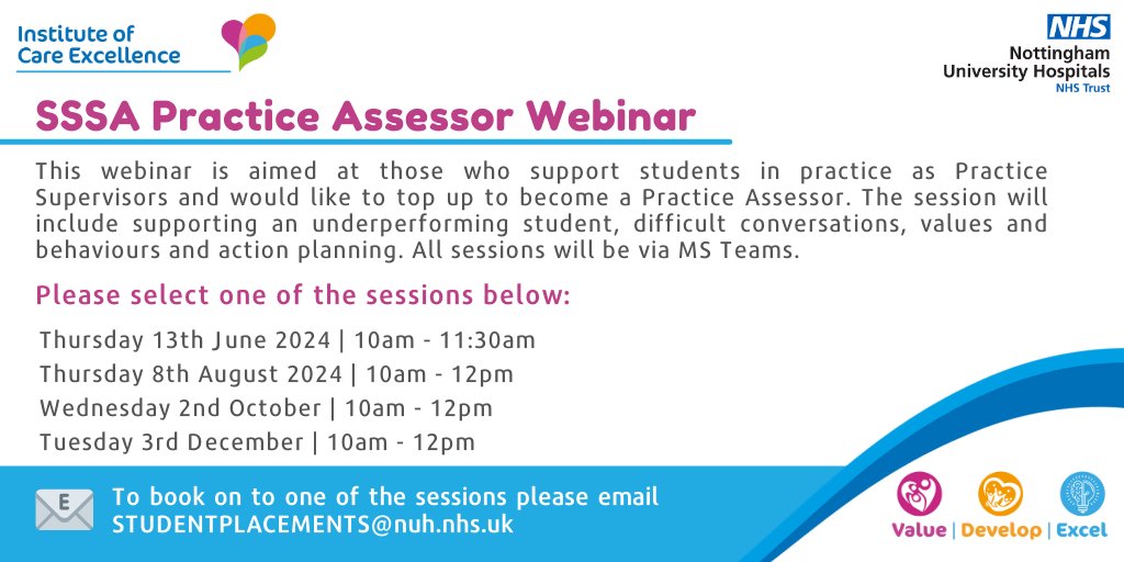 NUH Nursing (@nuhnursing) on Twitter photo Are you currently a Practice Supervisor at <a href="/nottmhospitals/">Nottingham University Hospitals</a> and would like to top up to become a Practice Assessor as part of NUH?
Booking is now open for the SSSA Practice Assessor Webinar! See dates and contact details below to book 👇
More SSSA: bit.ly/3Z19uMQ Are you currently a Practice Supervisor at <a href="/nottmhospitals/">Nottingham University Hospitals</a> and would like to top up to become a Practice Assessor as part of NUH?
Booking is now open for the SSSA Practice Assessor Webinar! See dates and contact details below to book 👇
More SSSA: bit.ly/3Z19uMQ