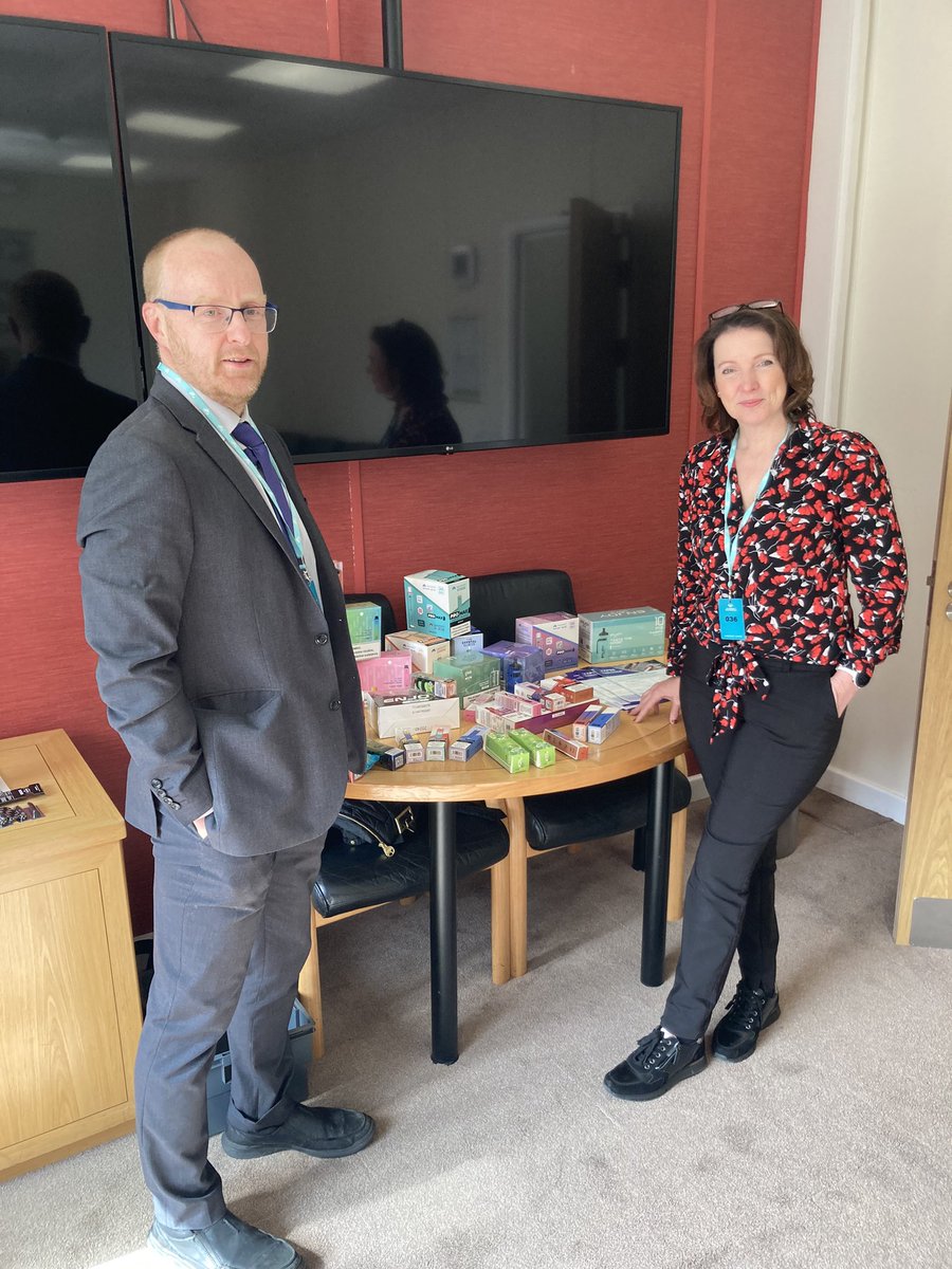 NINBWales's tweet photo. Your reports work!

A table full of seized illegal vapes - @ASHWalesCymru are at @seneddcymru today to support understanding of what the Tobacco &amp; Vapes Bill means for communities in Wales with @SwanseaCouncil and @CRUKCymru

#SmokefreeGeneration #NoIfsNoButtsWales https://t.co/4pi48dGkJo