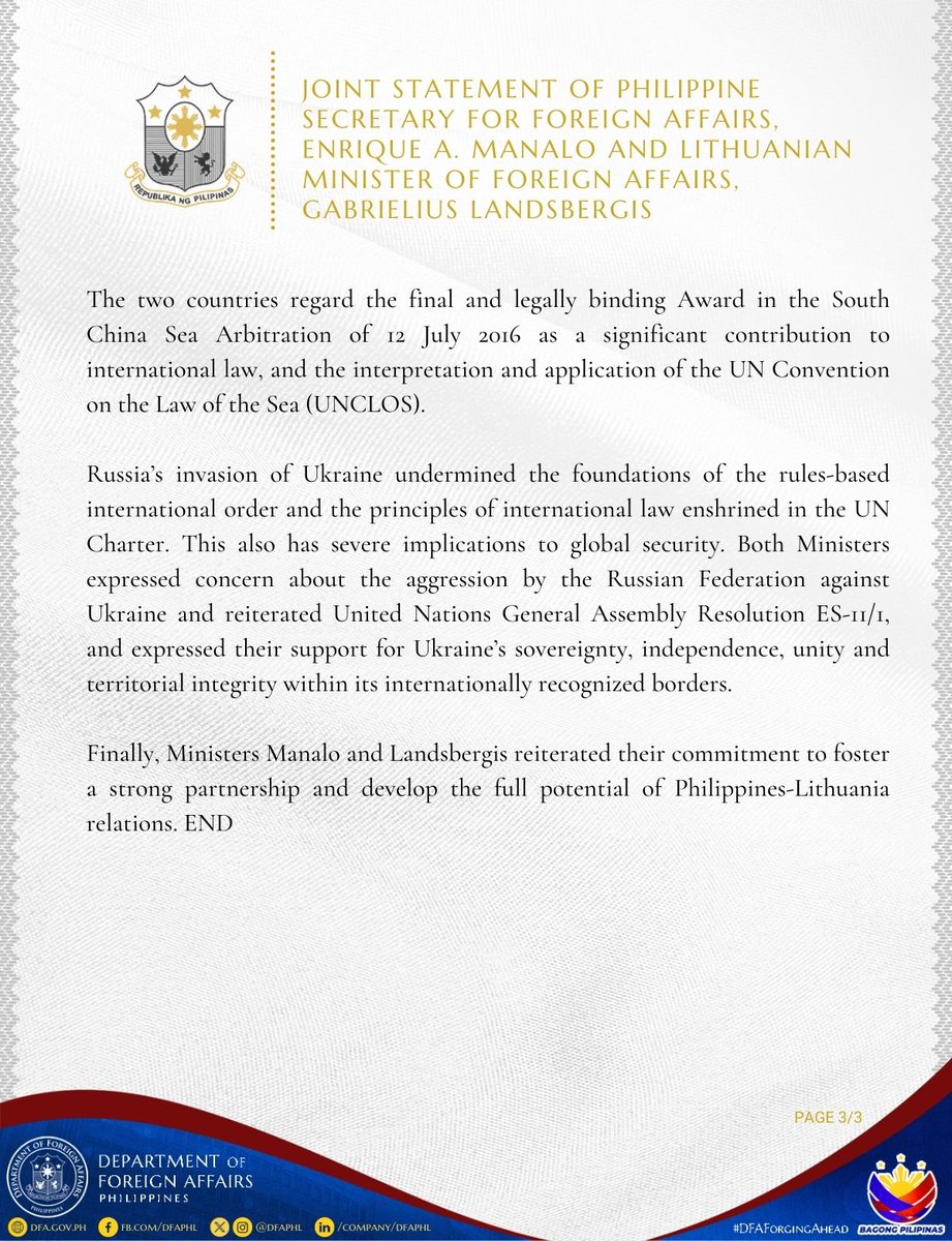 (1/2) READ #DFAStatement: Philippine Secretary for Foreign Affairs, Enrique A. Manalo, and Lithuanian Minister of Foreign Affairs, Gabrielius Landsbergis, convened in Manila on 24 April 2024 to strengthen the ties between the Republic of the Philippines and the