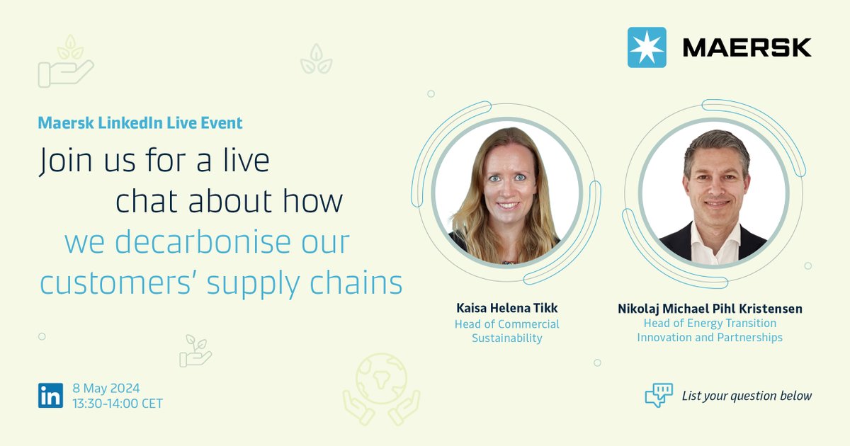 Join us for a live chat about how we’re working with our customers to #decarbonise supply chains.

🗓️ Date: 8 May 2024
🕒 Time: 1:30PM CET
👉Event link: linkedin.com/events/7188826…

Don't miss this chance to gain vital knowledge and shape the future of #logistics💚

#maersk