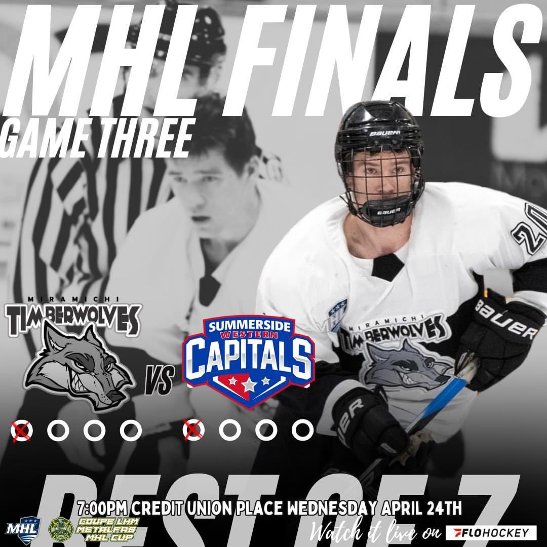 Miramichi travels to Summerside Wednesday for Game #3 of the Best of 7 Metalfab MHL Cup. Series is tied 1-1 with Capitals winning Game #1 6-5 (2OT) & Timberwolves winning Game #2 5-1. Game #4 Sunday in Miramichi. #Miramichi