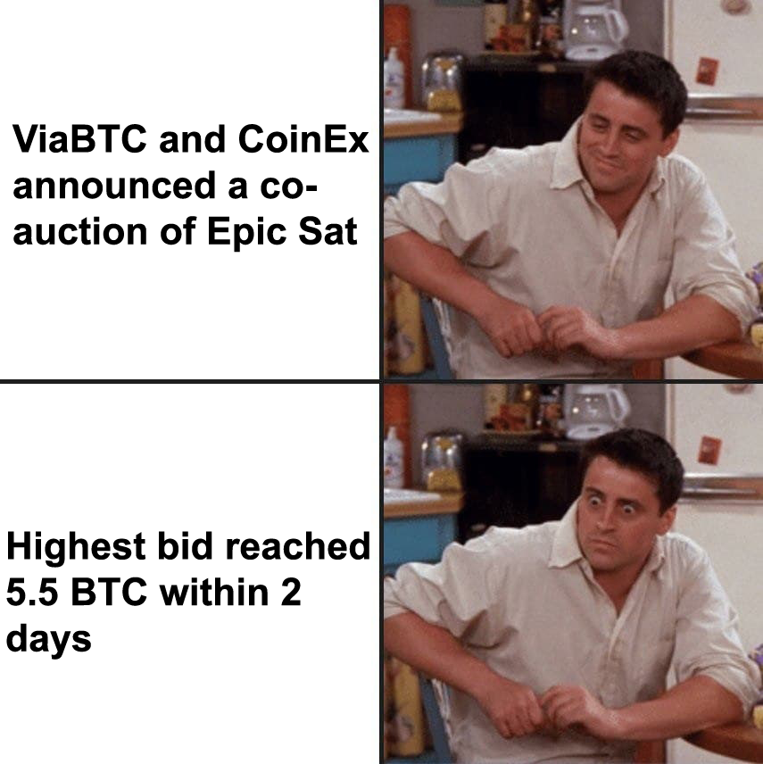 Breaking records! 🔥 The leading bid for this exclusive historic Epic Sat auction has hit 5.5 $BTC (approximately $364k). How far will it soar? Be part of history—it's the FIRST & ONLY Epic Sat ever to be auctioned. Get all the auction details here: coinex.com/en/halving-blo…