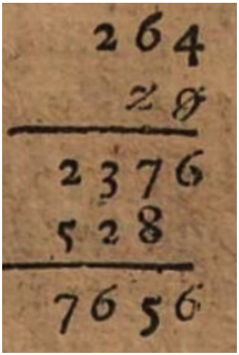 robeastaway's tweet photo. 'Tis a truth universally acknowledged that everyone sets out their long multiplication calcs differently.  
Here's how Robert Recorde did it in 1550. 
- No little 'carry' numbers
- No zero as a placeholder
- No multiplication sign (it hadn't been invented yet) https://t.co/dszLzoqbxC