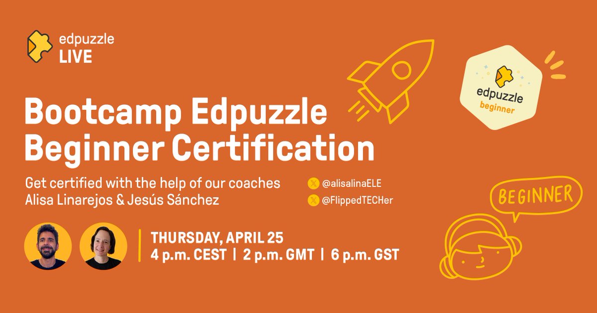 We're running a Beginner @edpuzzle Bootcamp tomorrow! Do you want to learn the first steps on Edpuzzle? This is your chance! You'll get the Beginner badge and certification. Thursday, April 25 at 4 p.m. (CEST), 2 p.m. (GMT), 6 p.m. (GST) Sign up here: bit.ly/EDBB