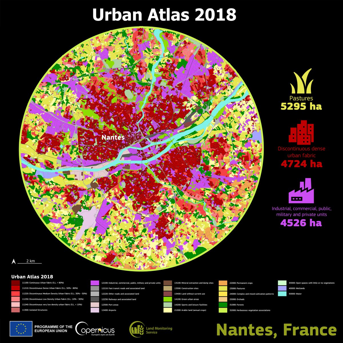 The @CopernicusLand Atlas Urban product provides valuable data for:  

🏙️understanding urban landscapes  
🗺️supporting city planning 
🆘disaster management 

This #OpenData is free to access and available here  

📎 land.copernicus.eu/en/products/ur… 

⬇️Nantes, France 🇫🇷