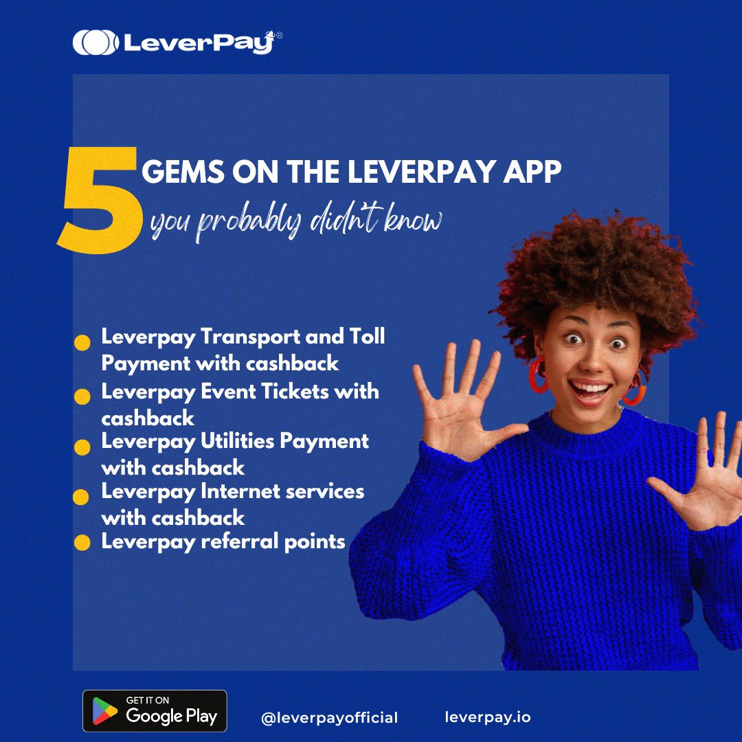 leverpay's tweet photo. Discover the Gems that makes Leverpay your No 1. Choice, download on the google play store today
#leverpay #money #payment #bills #gems #PlayStore https://t.co/bYmDuhHAWu