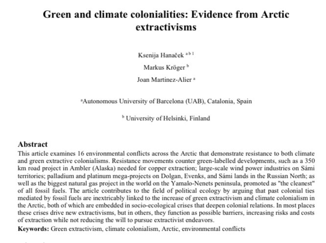 📢! The 9th article in the Political Ecologies of Green Extractivism Special issues by @judithverweijen, C. Tornel & myself @journalofpolit1 Check out this article by K. Hanaček, @MarkusKroger & J. Martínez-Alier on green extractivism in the Arctic! ➡️ journals.librarypublishing.arizona.edu/jpe/article/id…