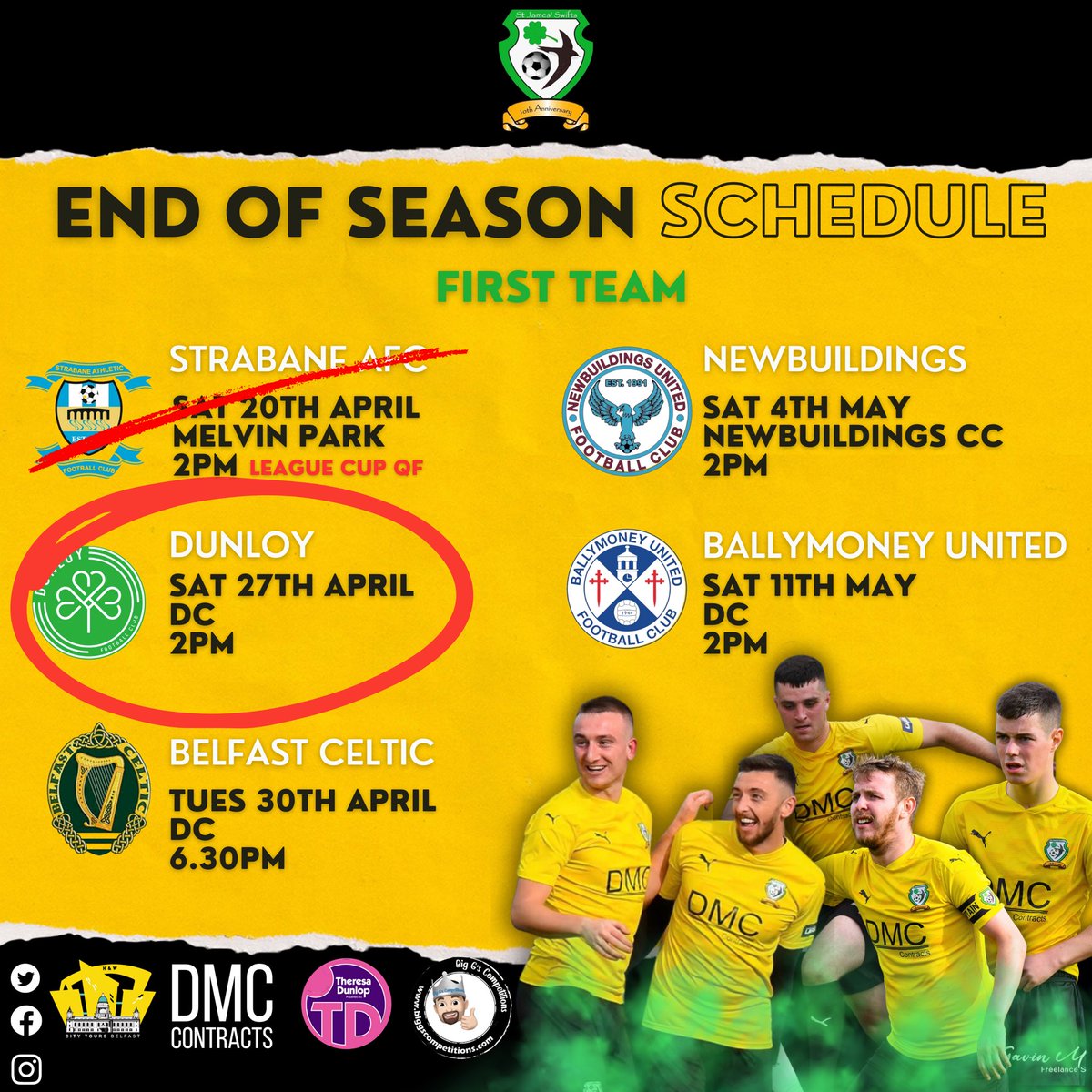 𝙐𝙋 𝙉𝙀𝙓𝙏… We welcome Dunloy FC to West Belfast this Saturday in the league 🍀 Let’s get up and support the boys #GOTS ⚫️🟡🍀 BIG G’s Competitions | City Tours Belfast | DMC Contracts Ltd. | Theresa Dunlop Mortgages