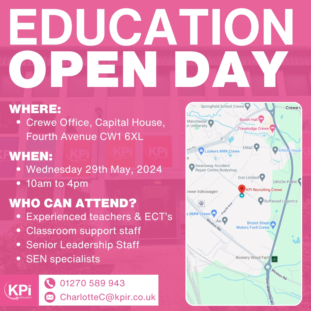 👨‍🏫 KPI Education Open Day

🍎Come and visit our Crewe branch to discuss your future aspirations in the world of Education. 

For more information call 01270 589943 or email CharlieC@kpir.co.uk.

#JobFair #Jobs #CheshireJobs #StokeJobs #CreweJobs #EducationJobs #TeachingJobs