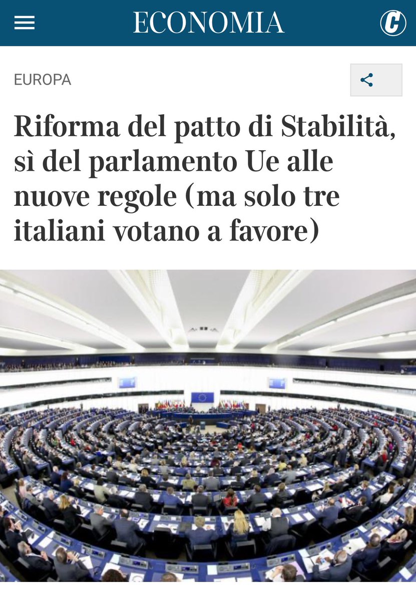 Ieri al PE si è votato per il “nuovo” Patto di Stabilità.

TUTTI i partiti italiani, da dx a sx, si sono astenuti o hanno votato contro.
Hanno fatto bene,apparecchiato da Francia e Germania,è deleterio per l’#Italia

Ma questa è anche una SFIDUCIA in pieno a Giorgetti e Gentiloni