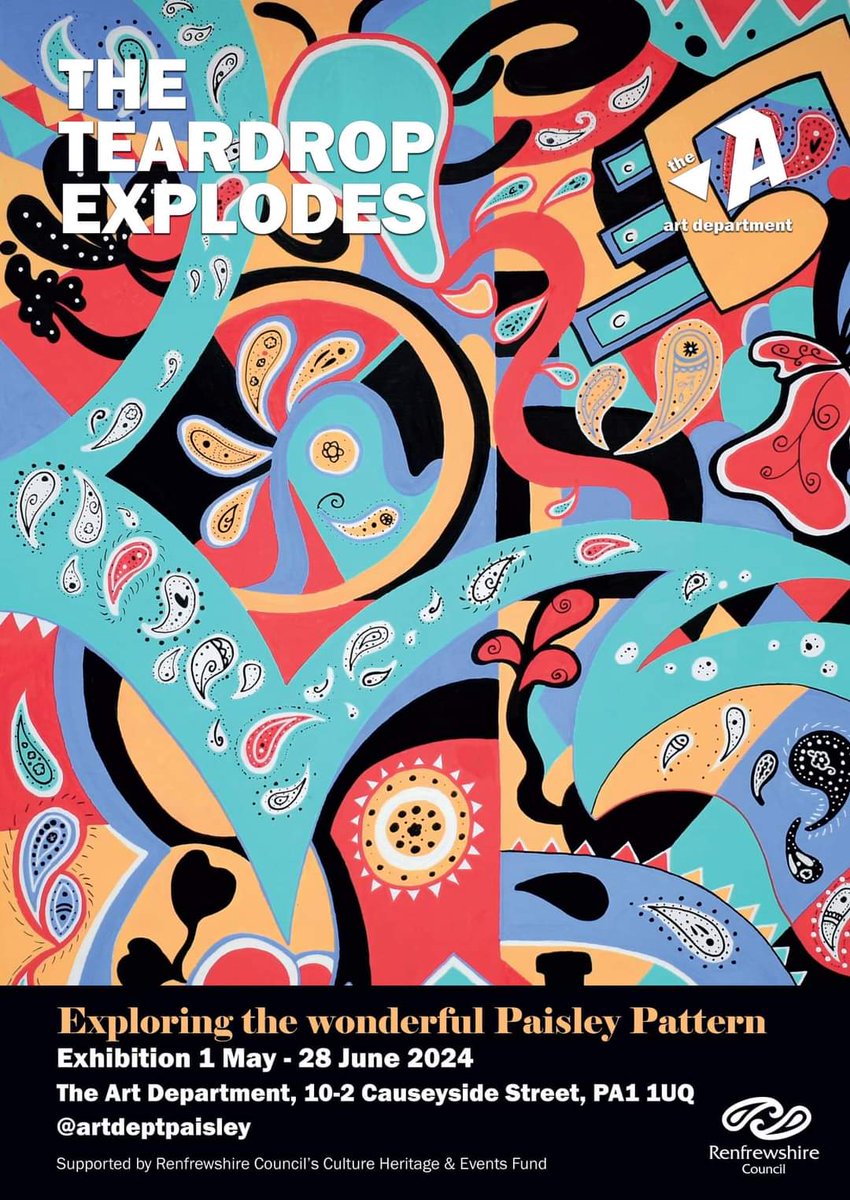 'The Teardrop Explodes' Exhibition opens 1st May 2024 until 28th June 2024.
The Art Department
10 - 2 Causeyside Street,
Paisley.
PA1 1UQ