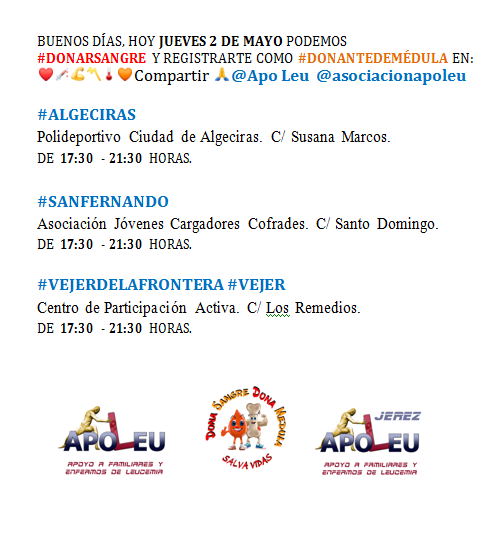 JUEVES 2 DE MAYO PUEDE #DONARSANGRE Y REGISTRARSE COMO #DONANTEDEMÉDULA
@ApoLeu EN ❤️💉💪〽️🌡🧡 RT🙏

#ALGECIRAS
@aytoalgeciras @minutoes @JuntaCG @AlgecirasInfo @algecirasmgusta @diarioalgeciras @EstrellaBLopez 

#DONASANGRE #DONAMÉDULA #SALVAVIDAS #REGALALATIDOS