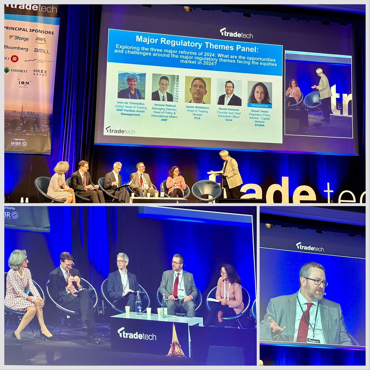 Brock Arnason, CEO of client Droit, on stage @tradetech w/ Ines de Tremiolles @BNPParibas; Franck Noel @AXAIM; Jerome Reboul @AMF_actu; Jamie Whitehorn @TheFCA, discussing the 3 major reforms the equities market is facing. Panel moderated by Susan Yavari @EFAMANews #tradetech