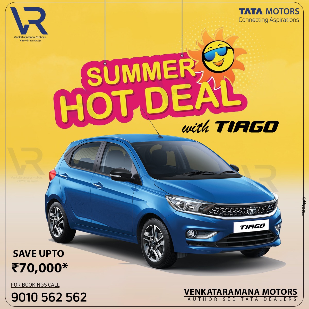 Beat the heat with cool offers at #VenkataramanaMotors this summer! 🌞☀️ Bring home your favorite #TataTiago & save up to ₹70,000*. Don't miss out on these sizzling summer deals - visit us today! Visit us - venkataramanatata.com/new-cars/tata-… Call us on - 9010562562 #Tiago #LiveDifferent