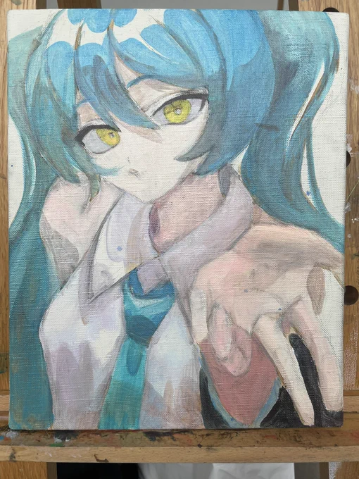 油絵でミクちゃんを描いています