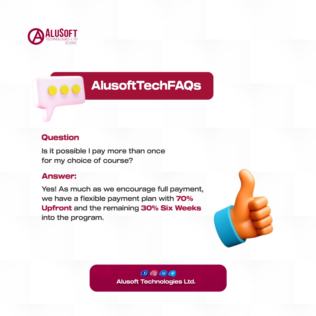 Secure your spot now!

The next Cohort is here!

Don't miss out – register today at the Topmost floor, Elem Building, Olopomeji, Akobo, Ibadan.

#Tech #career #FAQs #Alusfttech