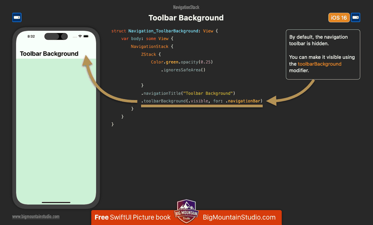 ❓How can I restore the system background for the navigation bar in #SwiftUI? 💡Use the toolbarBackground modifier and set it to visible. 📕From the SwiftUI Views Mastery picture book. 🤔Do you prefer nav bars with or without a background?