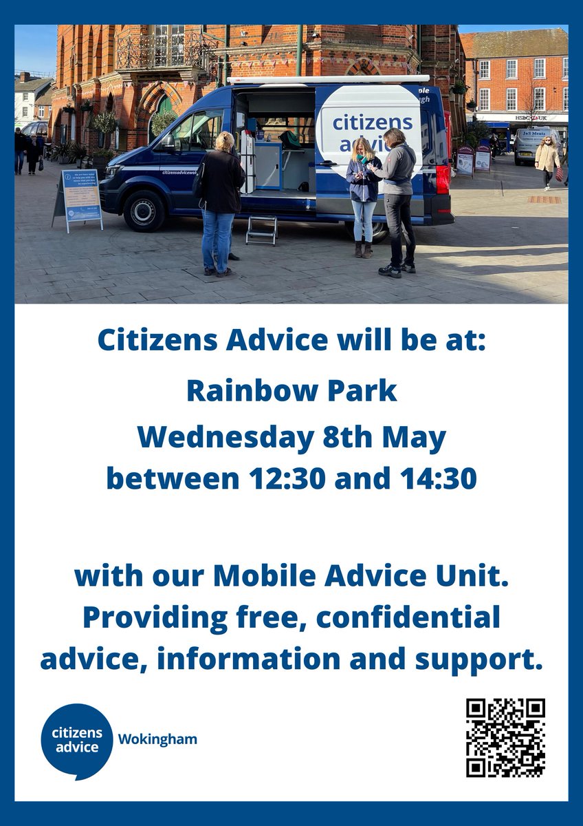 Citizens Advice Wokingham will be at Rainbow Park on Wednesday 8th May offering advice and support. 
@CitAWokingham 

#winnersh #sindlesham