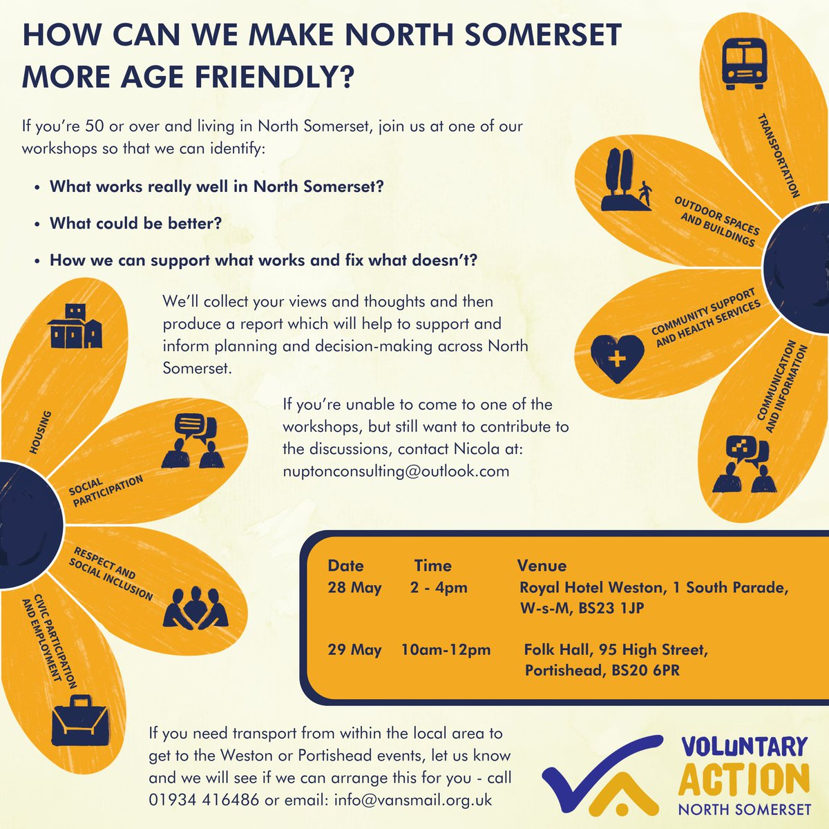WE NEED YOUR INPUT! If you're 50+ and live in North Somerset join us at one of our workshops to discuss: HOW WE CAN MAKE NORTH SOMERSET MORE AGE-FRIENDLY? 28/5 (2-4pm): Royal Hotel, 1 South Parade, W-s-M, BS23 1JP 29/5 (10am-12pm): Folk Hall, 95 High Street, Portishead, BS20 6PR
