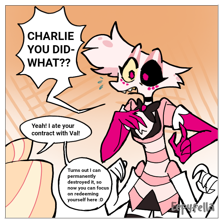 Eepyfella's tweet photo. Whoopsies❓ XD 
#HazbinHotel #Vee #CharlieMorningstar #Comic https://t.co/bP6PPqPwPK