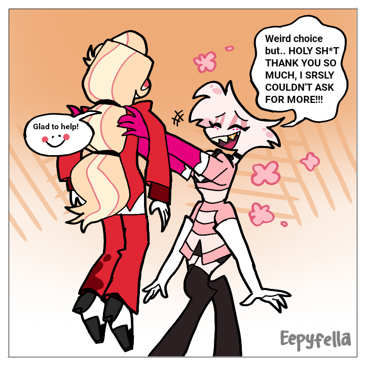 Eepyfella's tweet photo. Whoopsies❓ XD 
#HazbinHotel #Vee #CharlieMorningstar #Comic https://t.co/bP6PPqPwPK