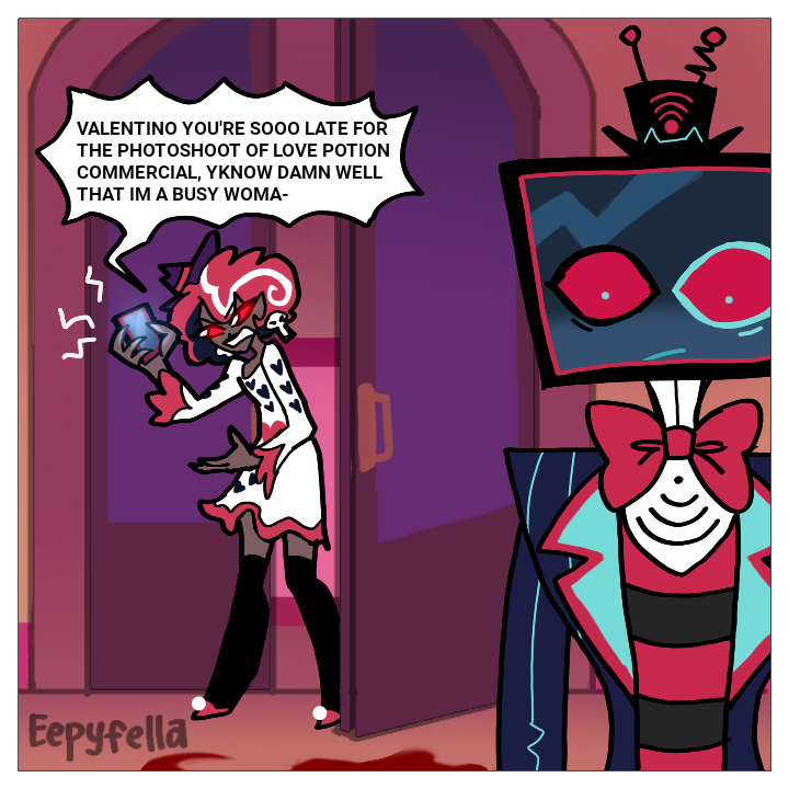 Eepyfella's tweet photo. Whoopsies❓ XD 
#HazbinHotel #Vee #CharlieMorningstar #Comic https://t.co/bP6PPqPwPK