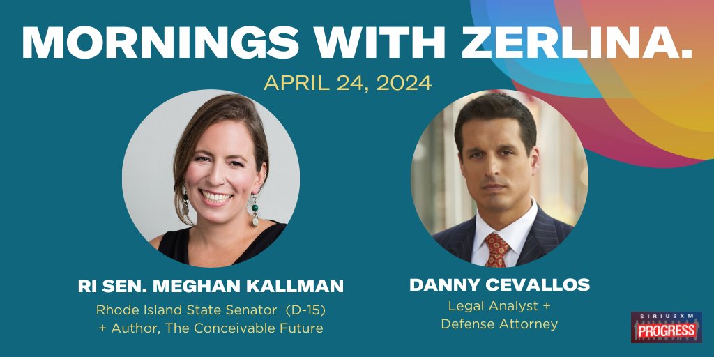 Hello Wednesday! Joining @ZerlinaMaxwell on the show this morning: Rhode Island State Senator & Author of the new book The Conceivable Future @MeghanEKallman + Legal Analyst & Defense Attorney @CevallosLaw! 📻@SiriusXMProg Ch. 127 siriusxm.us/Zerlina