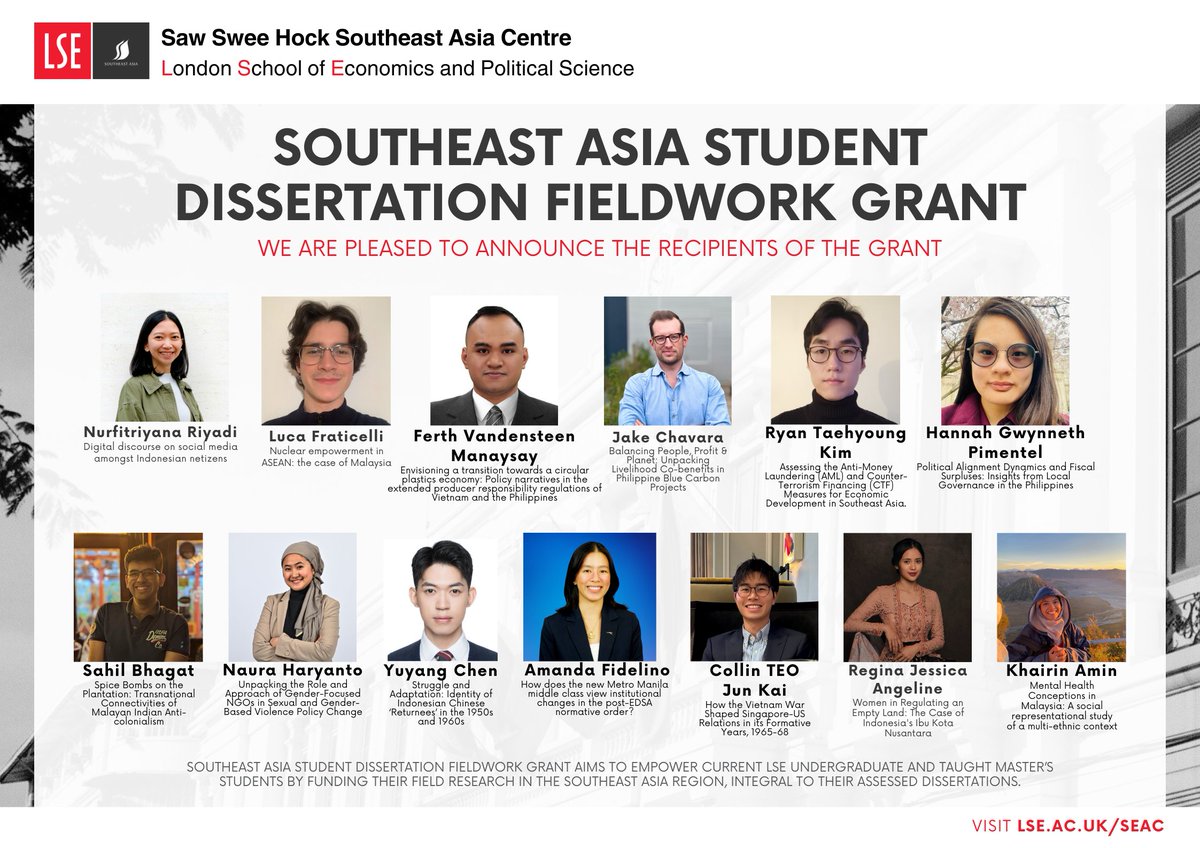 🌟 Exciting news from SEAC! 

We're proud to announce the winners of the Southeast Asia Student Dissertation Fieldwork Grant. Congratulations to the LSE undergrads and master's students selected for this research opportunity in Southeast Asia 📚🌏 

#LSE #SEAC #FieldResearch