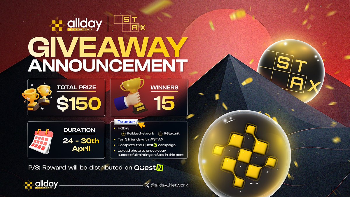 allday_Network's tweet photo. 🎉GIVEAWAY ANNOUNCEMENT🎉
@stax_nft x @Venom_allday 
We've prepared the Giveaway to support along the way with the Mega Mint event from Stax

⏲️April 24th, 2024 - 12:00 PM UTC
🎁Rewards: $150 for 15 winners
👉To enter:
✅Tag 3 frens with hashtag #stax
✅Complete this QuestN campaign: https://t.co/RrxHPdZWKT
✅Upload the proof picture of your success minting Stax's NFT in this post

There will be much more from @stax_nft once you've minted the NFT. Good luck to you all! 🎉